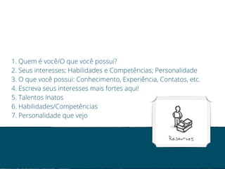 1. Quem é você/O que você possui? 
2. Seus interesses; Habilidades e Competências; Personalidade 
3. O que você possui: Conhecimento, Experiência, Contatos, etc. 
4. Escreva seus interesses mais fortes aqui! 
5. Talentos Inatos 
6. Habilidades/Competências 
7. Personalidade que vejo 
 