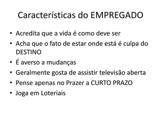 Características do EMPREGADO
• Acredita que a vida é como deve ser
• Acha que o fato de estar onde está é culpa do
DESTINO
• É averso a mudanças
• Geralmente gosta de assistir televisão aberta
• Pense apenas no Prazer a CURTO PRAZO
• Joga em Loteriais

 