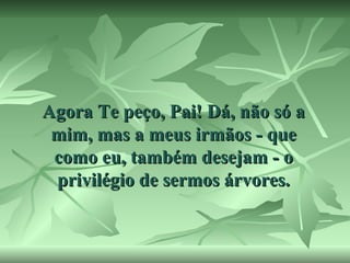 Agora Te peço, Pai! Dá, não só a
mim, mas a meus irmãos - que
como eu, também desejam - o
privilégio de sermos árvores.

 