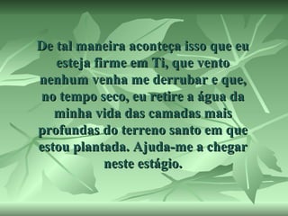 De tal maneira aconteça isso que eu
esteja firme em Ti, que vento
nenhum venha me derrubar e que,
no tempo seco, eu retire a água da
minha vida das camadas mais
profundas do terreno santo em que
estou plantada. Ajuda-me a chegar
neste estágio.

 