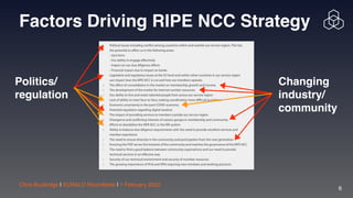 Chris Buckridge | EURALO Roundtable | 1 February 2022
6
Factors Driving RIPE NCC Strategy
Politics/
regulation
Changing
in...