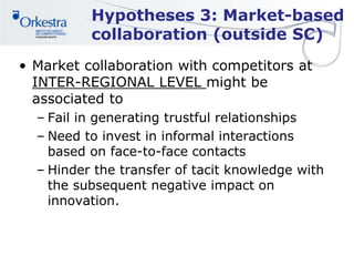 Hypotheses 3: Market-based
collaboration (outside SC)
• Market collaboration with competitors at
INTER-REGIONAL LEVEL might be
associated to
– Fail in generating trustful relationships
– Need to invest in informal interactions
based on face-to-face contacts
– Hinder the transfer of tacit knowledge with
the subsequent negative impact on
innovation.
 