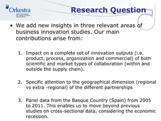 Research Question
• We add new insights in three relevant areas of
business innovation studies. Our main
contributions arise from:
1. Impact on a complete set of innovation outputs (i.e.
product, process, organization and commercial) of both
scientific and market types of collaboration (within and
outside the supply chain).
2. Specific attention to the geographical dimension (regional
vs extra -regional) of the different partnerships
3. Panel data from the Basque Country (Spain) from 2005
to 2011. This enables us to move beyond previous
studies on cross-sectional data, considering the economic
recession.
 