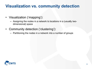 Visualization vs. community detection
• Visualization (‘mapping’):
– Assigning the nodes in a network to locations in a (u...