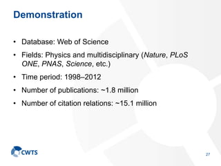 Demonstration
• Database: Web of Science
• Fields: Physics and multidisciplinary (Nature, PLoS
ONE, PNAS, Science, etc.)
•...
