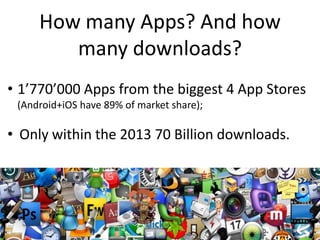 How many Apps? And how
many downloads?
• 1’770’000 Apps from the biggest 4 App Stores
(Android+iOS have 89% of market share);

• Only within the 2013 70 Billion downloads.

 