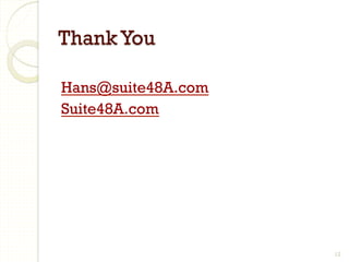 Thank You
Hans@suite48A.com
Suite48A.com

12

 
