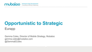 Opportunistic to Strategic
Eurapp
Gemma Coles, Director of Mobile Strategy, Mubaloo
gemma.coles@mubaloo.com
@GemmaEColes

 