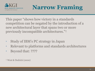 14
Narrow Framing
This paper “shows how victory in a standards
competition can be negated by the introduction of a
new architectural layer that spans two or more
previously incompatible architectures.”†
• Study of IBM’s PC strategy in Japan
• Relevant to platforms and standards architectures
• Beyond that: ????
† West & Dedrick (2000)
 