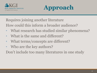 16
Approach
Requires joining another literature
How could this inform a broader audience?
• What research has studied similar phenomena?
• What is the same and different?
• What terms/concepts are different?
• Who are the key authors?
Don’t include too many literatures in one study
 