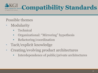 18
Compatibility Standards
Possible themes
• Modularity
• Technical
• Organizational: “Mirroring” hypothesis
• Refactoring/coordination
• Tacit/explicit knowledge
• Creating/evolving product architectures
• Interdependence of public/private architectures
 