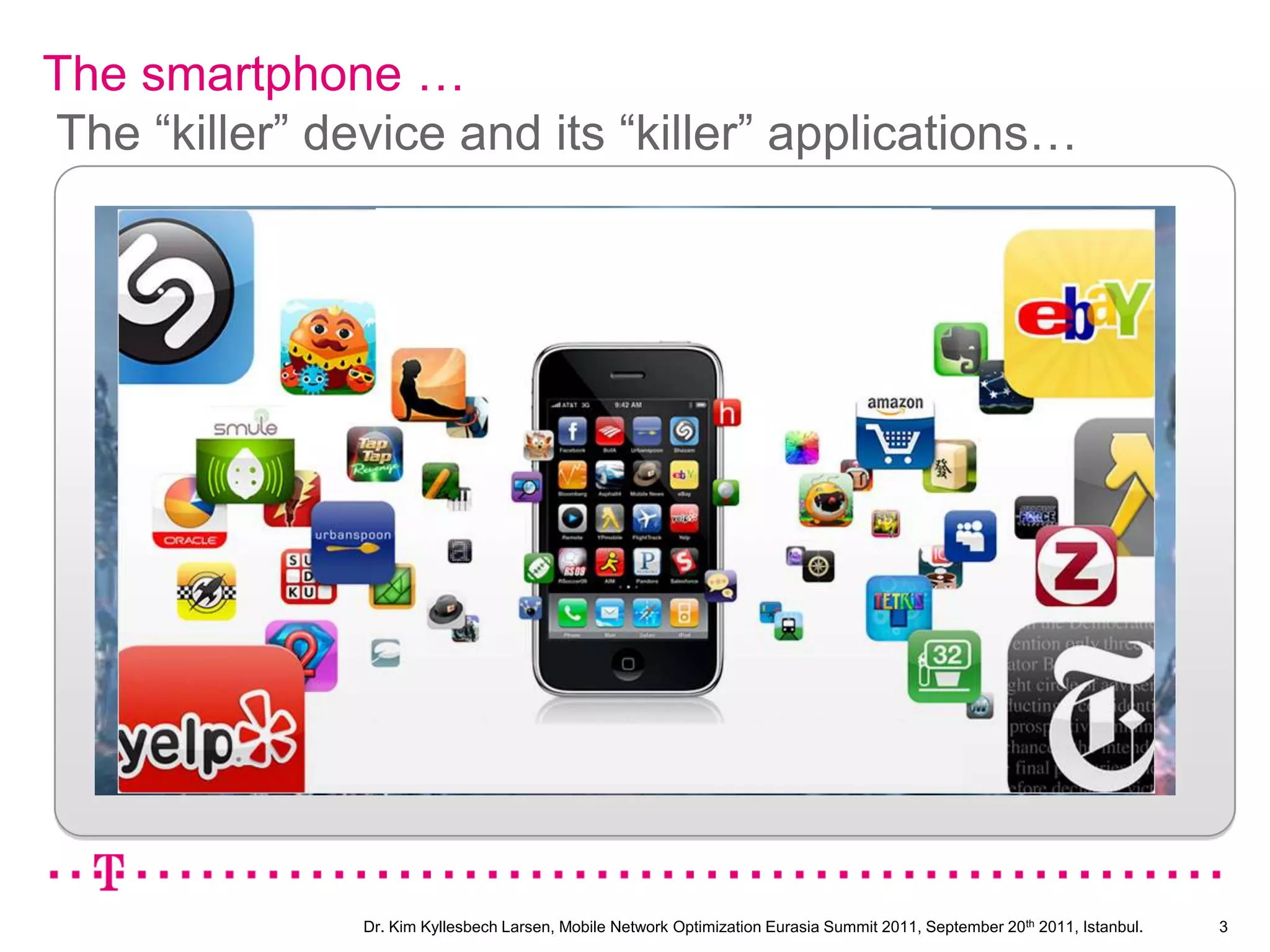 The smartphone … The “killer” device and its “killer” applications…3Dr. Kim Kyllesbech Larsen, Mobile Network Optimization Eurasia Summit 2011, September 20th2011, Istanbul.