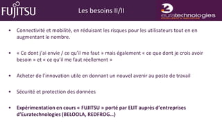 Les besoins II/II

•   Connectivité et mobilité, en réduisant les risques pour les utilisateurs tout en en
    augmentant le nombre.

•   « Ce dont j’ai envie / ce qu’il me faut » mais également « ce que dont je crois avoir
    besoin » et « ce qu’il me faut réellement »

•   Acheter de l’innovation utile en donnant un nouvel avenir au poste de travail

•   Sécurité et protection des données

•   Expérimentation en cours « FUJITSU » porté par ELIT auprès d’entreprises
    d’Euratechnologies (BELOOLA, REDFROG…)
 