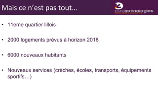 Mais ce n’est pas tout…

• 11eme quartier lillois

• 2000 logements prévus à horizon 2018

• 6000 nouveaux habitants

• Nouveaux services (crèches, écoles, transports, équipements
  sportifs…)
 