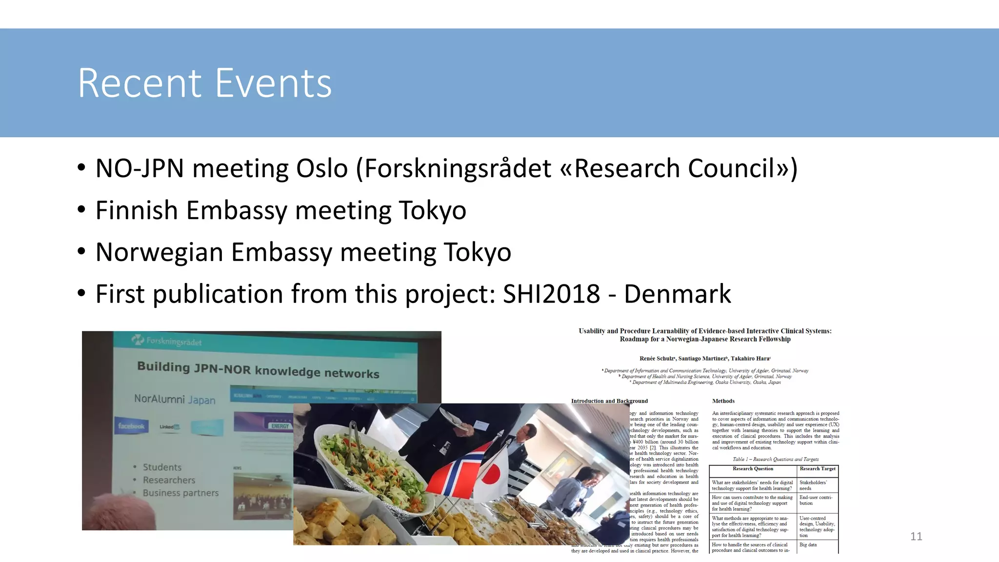 Recent Events
• NO-JPN meeting Oslo (Forskningsrådet «Research Council»)
• Finnish Embassy meeting Tokyo
• Norwegian Embassy meeting Tokyo
• First publication from this project: SHI2018 - Denmark
11
 