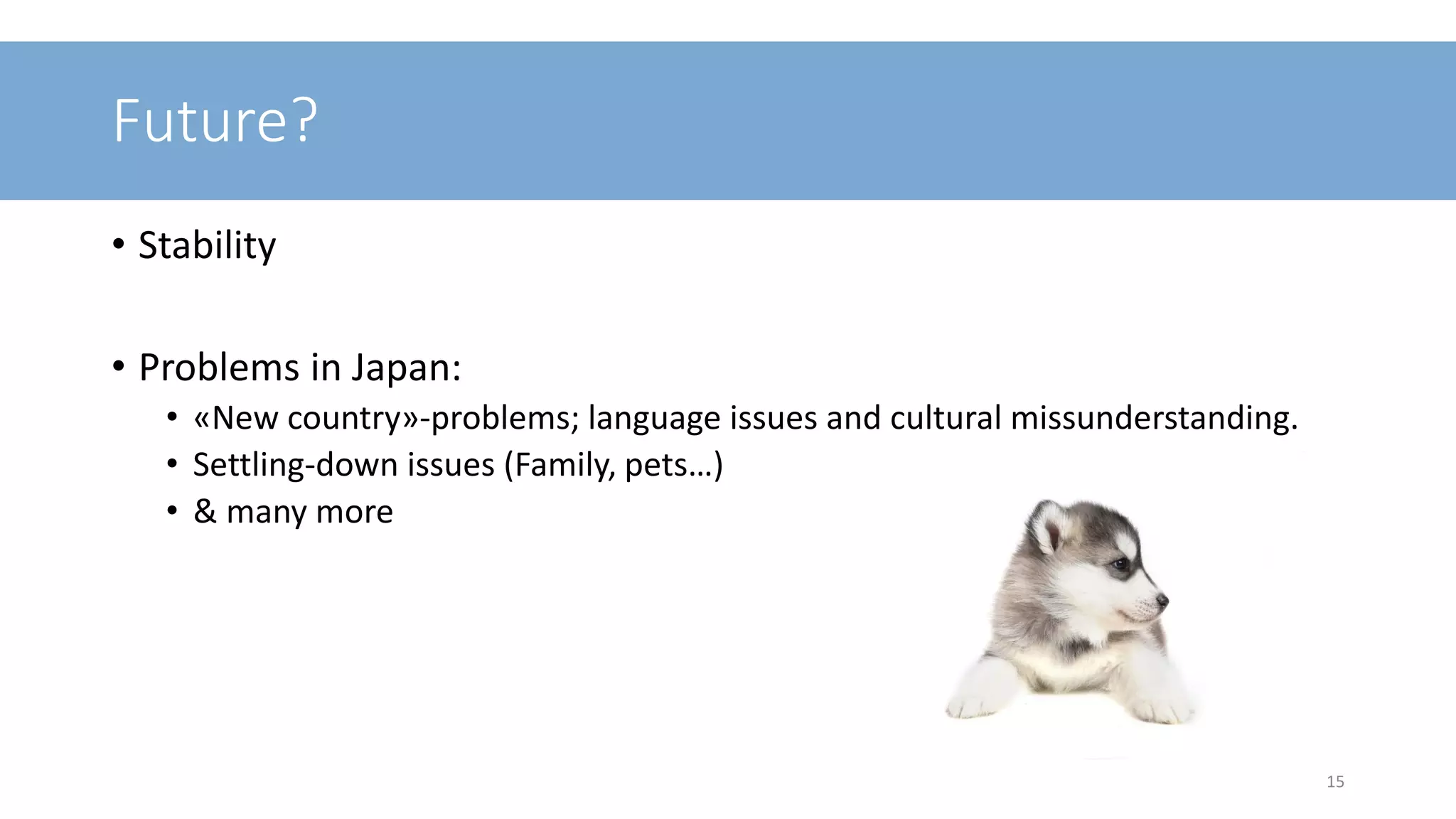 Future?
• Stability
• Problems in Japan:
• «New country»-problems; language issues and cultural missunderstanding.
• Settling-down issues (Family, pets…)
• & many more
15
 
