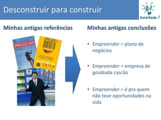 Desconstruir para construir
Minhas antigas referências   Minhas antigas conclusões

                             • Empreender = plano de
                               negócios

                             • Empreender = empresa de
                               goiabada cascão


                             • Empreender = é pra quem
                               não teve oportunidades na
                               vida
 