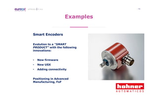 - 19 -APPROACH TO I4.0
Examples
Smart Encoders
Evolution to a “SMART
PRODUCT” with the following
innovations:
• New firmware
• New USX
• Adding connectivity
Positioning in Advanced
Manufacturing, FoF
 