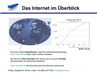 Das Internet im Überblick Quelle: isc.org Auf einem dieser  Internetserver , liegt ihre Unternehmenshomepage www.meinhotel.de  neben vielen anderen Anbietern. Der Server ist  24h erreichbar . Der Server wird von einem  Provider (Dienstanbieter wie Schlund.de) betrieben. www.meinhotel.de  wird Domaine oder Domainnamen bezeichnet. 