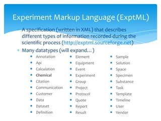 A specification (written in XML) that describes
different types of information recorded during the
scientific process (http://exptml.sourceforge.net)
Many datatypes (will expand…)
Experiment Markup Language (ExptML)
 Sample
 Solution
 Space
 Specimen
 Substance
 Task
 Template
 Timeline
 User
 Vendor
 Annotation
 Api
 Calculation
 Chemical
 Citation
 Communication
 Customer
 Data
 Dataset
 Definition
 Element
 Equipment
 Event
 Experiment
 Group
 Project
 Protocol
 Quote
 Report
 Result
 
