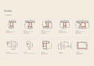 »	Casement
PSPC101
60/60 Casement Outer Frame
PSSC001 (1.0 mm)
60
60
40
PSPC102
78/60 Casement Window Sash
(Outward Open)
PSSC002 (1.2 mm)
78
60
38
53
60
46
73
PSPC103
73/60 Casement Window Sash
(Inward Open)
PSSC003 (1.2 mm)
76
60
46
36
PSPC104
76/60 Transom Mullion
PSSC004 (1.0 & 2.0 mm)
104
60
64
48
PSPC105
104/60 Casement Door Sash
(Outward Open)
PSSC005 (1.5 mm)
36
20.3
18.5
PSPC106
Casement Single Glazing Bead (co-ex)
17
20.3
8.9
PSPC107
Casement Double Glazing Bead (co-ex)
59
60
48
33
PSPC108
59/60 French Mullion
PSSC006 (1.2 mm)
18.5
13
2
PSPC109
Coupling (180*)
97
63
69
PSPC110
88.5/60 Bay Pole (90*)
PSSC007 (2.0 mm)
Profiles
8
 