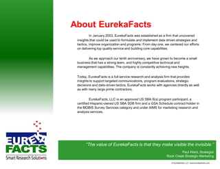 About EurekaFacts
          In January 2003, EurekaFacts was established as a firm that uncovered
 insights that could be used to formulate and implement data driven strategies and
 tactics, improve organization and programs. From day one, we centered our efforts
 on delivering top quality service and building core capabilities.


        As we approach our tenth anniversary, we have grown to become a small
 business that has a strong team, and highly competitive technical and
 management capabilities. The company is constantly achieving new heights.


 Today, EurekaFacts is a full service research and analysis firm that provides
 insights to support targeted communications, program evaluations, strategic
 decisions and data-driven tactics. EurekaFacts works with agencies directly as well
 as with many large prime contractors.


          EurekaFacts, LLC is an approved US SBA 8(a) program participant, a
 certified Hispanic-owned US SBA SDB firm and a GSA Schedule contract holder in
 the MOBIS Survey Services category and under AIMS for marketing research and
 analysis services.




      “The value of EurekaFacts is that they make visible the invisible.”
                                                                      Paul Ward, Strategist
                                                             Rock Creek Strategic Marketing
                                                                 © EurekaFacts LLC- www.EurekaFacts.com
 