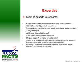 Expertise
 Team of experts in research:

•   Survey Methodologists (instrument design, IRB, OMB submissions)
•   Research Analysts (quantitative, qualitative)
•   Cognitive Psychologists (cognitive testing, interviewers, behavioral coders)
•   Survey Managers
•   Multilingual data collection staff
•   Public health, health communications
•   Bilingual research and data collection staff
•   Statisticians, econometricians (sampling techniques, sample weighting
    schemas, mathematical modeling, multivariate regression)
•   Reporting - Publishing (Copy writers, technical report writers, editors,
    designers, programmers, support staff).




                                                                © EurekaFacts LLC- www.EurekaFacts.com
 