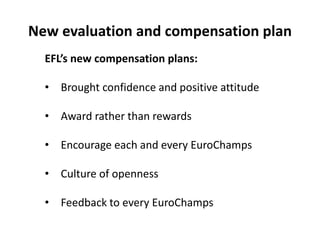 New evaluation and compensation plan
EFL’s new compensation plans:
• Brought confidence and positive attitude
• Award rather than rewards
• Encourage each and every EuroChamps
• Culture of openness
• Feedback to every EuroChamps
 
