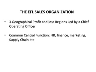 THE EFL SALES ORGANIZATION
• 3 Geographical Profit and loss Regions Led by a Chief
Operating Officer
• Common Central Function: HR, finance, marketing,
Supply Chain etc
 