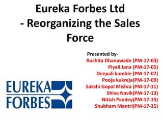 Eureka Forbes Ltd
- Reorganizing the Sales
Force
Presented by-
Ruchita Dhanawade (PM-17-03)
Piyali Jana (PM-17-05)
Deepali kamble (PM-17-07)
Pooja kukreja(PM-17-09)
Sakshi Gopal Mishra (PM-17-11)
Shiva Navik(PM-17-13)
Nitish Pandey(PM-17-15)
Shubham Mantri(PM-17-35)
 