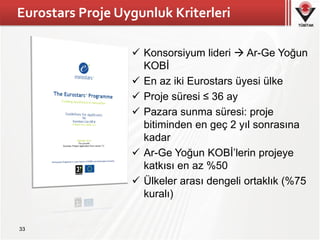 TÜBİTAK
Eurostars Proje Uygunluk Kriterleri
 Konsorsiyum lideri  Ar-Ge Yoğun
KOBİ
 En az iki Eurostars üyesi ülke
 Pro...