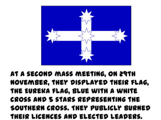 At a second mass meeting, on 29th
November, they displayed their flag,
the Eureka flag, blue with a white
cross and 5 stars representing the
Southern Cross. They publicly burned
their licences and elected leaders.
 