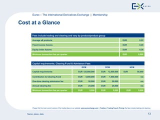 Cost at a Glance 125,000,000 Eurex – The International Derivatives Exchange  |  Membership 9,000 EUR 9,000 EUR 9,000 EUR Minimum transaction fee per quarter n/a 25,000 EUR 25,000 EUR Annual clearing fee Capital requirements, Clearing Fund & Admission Fees 50,000 5,000,000 EUR EUR EUR GCM 50,000 1,000,000 12,500,000 EUR EUR EUR DCM NCM n/a One-time clearing admission fee EUR n/a Contribution to Clearing Fund Capital requirements 50,000 Please find the most current version of the trading fees on our website:  www.eurexchange.com > Trading > Trading Fees & Pricing  (the fees include trading and clearing.) 9,000 EUR Minimum transaction fee per quarter 0.38 EUR Equity index futures EUR EUR 0.20 Fixed income futures Average all products Fees include trading and clearing and vary by product/product group 0.22 