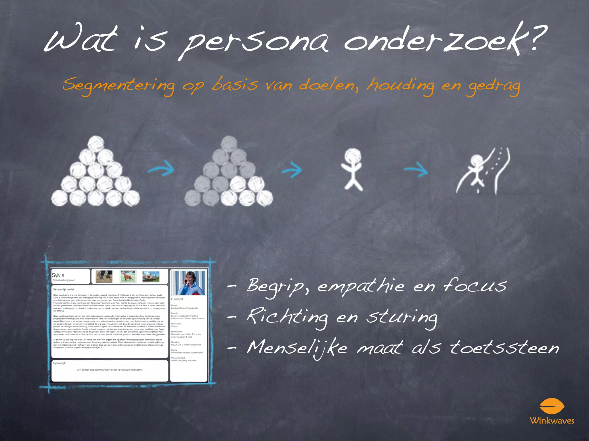 Wat is persona onderzoek?
 Segmentering op basis van doelen, houding en gedrag




                   - Begrip, empathie en focus
                   - Richting en sturing
                   - Menselijke maat als toetssteen
 