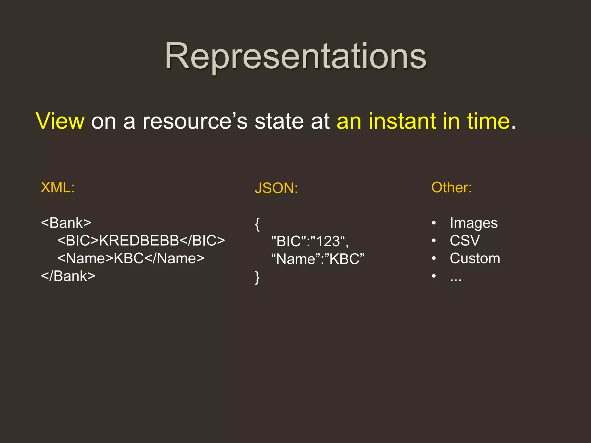 Representations
View on a resource‟s state at an instant in time.

XML:                    JSON:              Other:

<Bank>                  {                  •   Images
  <BIC>KREDBEBB</BIC>       "BIC":"123“,   •   CSV
  <Name>KBC</Name>          “Name”:”KBC”   •   Custom
</Bank>                 }                  •   ...
 