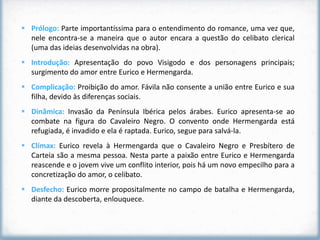  Prólogo: Parte importantíssima para o entendimento do romance, uma vez que,
  nele encontra-se a maneira que o autor encara a questão do celibato clerical
  (uma das ideias desenvolvidas na obra).
 Introdução: Apresentação do povo Visigodo e dos personagens principais;
  surgimento do amor entre Eurico e Hermengarda.
 Complicação: Proibição do amor. Fávila não consente a união entre Eurico e sua
  filha, devido às diferenças sociais.
 Dinâmica: Invasão da Península Ibérica pelos árabes. Eurico apresenta-se ao
  combate na figura do Cavaleiro Negro. O convento onde Hermengarda está
  refugiada, é invadido e ela é raptada. Eurico, segue para salvá-la.
 Clímax: Eurico revela à Hermengarda que o Cavaleiro Negro e Presbítero de
  Carteia são a mesma pessoa. Nesta parte a paixão entre Eurico e Hermengarda
  reascende e o jovem vive um conflito interior, pois há um novo empecilho para a
  concretização do amor, o celibato.
 Desfecho: Eurico morre propositalmente no campo de batalha e Hermengarda,
  diante da descoberta, enlouquece.
 