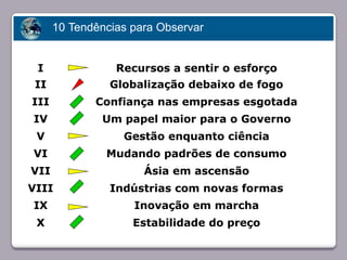 10 Tendências para Observar


   I               Recursos a sentir o esforço
  II              Globalização debaixo de fogo
  III          Confiança nas empresas esgotada
  IV            Um papel maior para o Governo
   V                Gestão enquanto ciência
  VI Faça clique para editar o estilo
                  Mudando padrões de consumo
 VII                    Ásia em ascensão
 VIII             Indústrias com novas formas
  IX                  Inovação em marcha
   X                  Estabilidade do preço

23/05/10
 
