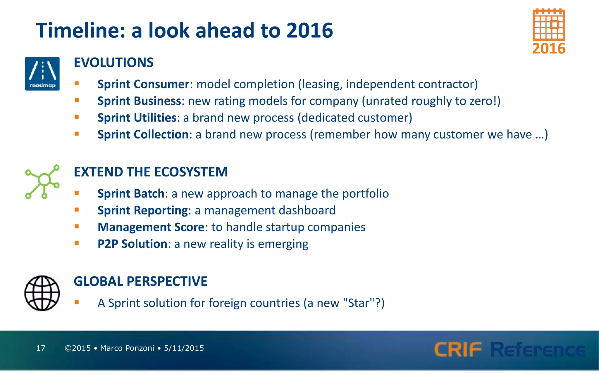 Timeline: a look ahead to 2016
©2015 • Marco Ponzoni • 5/11/201517
EVOLUTIONS
 Sprint Consumer: model completion (leasing, independent contractor)
 Sprint Business: new rating models for company (unrated roughly to zero!)
 Sprint Utilities: a brand new process (dedicated customer)
 Sprint Collection: a brand new process (remember how many customer we have …)
EXTEND THE ECOSYSTEM
 Sprint Batch: a new approach to manage the portfolio
 Sprint Reporting: a management dashboard
 Management Score: to handle startup companies
 P2P Solution: a new reality is emerging
GLOBAL PERSPECTIVE
 A Sprint solution for foreign countries (a new "Star"?)
2016
 