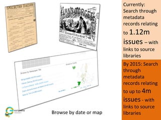 Currently:
Search through
metadata
records relating
to 1.12m
issues – with
links to source
libraries
By 2015: Search
through
metadata
records relating
to up to 4m
issues - with
links to source
librariesBrowse by date or map
 