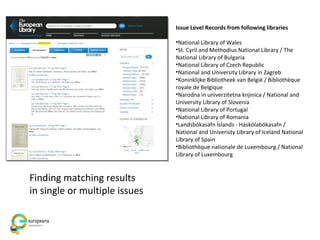 Issue Level Records from following libraries
•National Library of Wales
•St. Cyril and Methodius National Library / The
National Library of Bulgaria
•National Library of Czech Republic
•National and University Library in Zagreb
•Koninklijke Bibliotheek van België / Bibliothèque
royale de Belgique
•Narodna in univerzitetna knjinica / National and
University Library of Slovenia
•National Library of Portugal
•National Library of Romania
•Landsbókasafn Íslands - Háskólabókasafn /
National and Univeristy Library of Iceland National
Library of Spain
•Bibliothèque nationale de Luxembourg / National
Library of Luxembourg
Finding matching results
in single or multiple issues
 