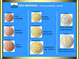 SÃO MARINHO  – Faces nacionais   (tema)   1 cêntimo   2 cêntimos   5 cêntimos   10 cêntimos   20 cêntimos   50 cêntimos   2 Euro   1 Euro   Torre  "II Montale   Guerreiro  Libertador   Torre  "Guaita"  Basílica  do Santo  Fortaleza de  São  Marinho  Imagem de  São Marinho   Armas do Estado  de São Marinho   Edifício governamental  "Domus Magna Comunis"  