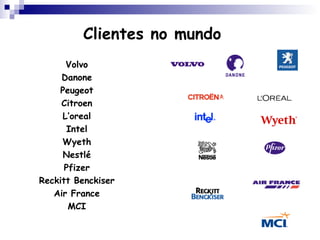 Clientes no mundo Volvo Danone Peugeot Citroen L’oreal Intel Wyeth Nestlé Pfizer Reckitt Benckiser Air France MCI 