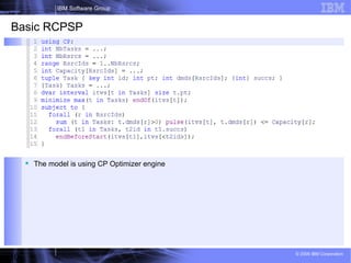 10
IBM Software Group
© 2009 IBM Corporation
Basic RCPSP
 The model is using CP Optimizer engine
 
