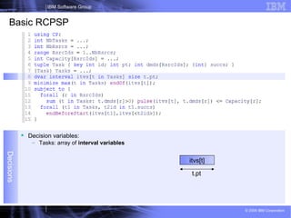 12
IBM Software Group
© 2009 IBM Corporation
Basic RCPSP
Decisions
 Decision variables:
– Tasks: array of interval variables
itvs[t]
t.pt
 