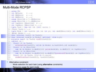 18
IBM Software Group
© 2009 IBM Corporation
Multi-Mode RCPSP
 Alternative constraint:
– Mode selection for each task (using alternative constraints)
– Resource usage for each mode
 