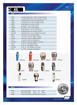 Led’s



      LEDS


      LD0001       T11 42MM TORPEDO SV8.5 2 LEDS 12V CLARA (TK1615/41)
      LD0002       T11 42MM TORPEDO SV8.5 6 LEDS 12V CLARA (TK1615/41)
      LD0003       T20 WEDGE W3 16D 12 LEDS 12V CLARA (Tk1912)
      LD0004A      T20 WEDGE W3 16D 12 LEDS 12V AMBAR (TK1912A)
      LD0005       T20 WEDGE W3 16D 15 LEDS 12V CLARA
      LD0006       69 T10 BA9S 1 LED 12V CLARA (Tk0518)
      LD0007AZ     69 T10 BA9S 1 LED 12V AZUL (TK0518/AZ)
      LD0008       T5 WEDGE W2 4.6D 1 LED 12V CLARA (TK1012)
      LD0009AZ     T5 WEDGE W2 4.6D 1 LED 12V AZUL (TK1012AZ)
      LD0010VM     T5 WEDGE W2 4.6D 1 LED 12V VERMELHO (TK1012VM)
      LD0011       1141 BA15S 12 LEDS 12V CLARA (Tk3621)
      LD0011A      1141 BA15S 12 LEDS 24V AMBAR (TK3630A)
      LD0012A      1141A BA15S 12 LEDS 12V AMBAR (TK3621A)
      LD0013       1176 BA15D 12 LEDS 12V CLARA (Tk3715)
      LD0014VM     1176 BA15D 12 LEDS 12V VERMELHO (TK3715VM)
      LD0015       67 5W 12V 1 LED BRANCA (Tk2124)
      LD0015A      67 5W 12V 1 LED AMBAR (TK2130A)
      LD0015VM     67 5W 12V 1 LED VERMELHO (TK2130VM)
      LD0016       1141 BA15S 12 LEDS 24V CLARA (Tk3630)




                 LD0009AZ                 LD0010VM                     LD0003          LD0004A




                  LD0001                     LD0005                   LD0006       LD0007AZ




                     LD0008                               LD0013                   LD0002




      FAROL


      TK4000       FAROL SEALED BEAM       130mm      12V    60/55W
      TK7550       FAROL SEALED BEAM        180mm     12V    75/50W
      TK9200       GE 881 12V 27W FAROL BI-IODO TRATOR NEW HOLLAND

                                                                                                           117

118                                                                             www.traex.com.br
 