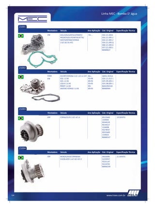 Linha MEC - Bomba D’ água



      21001
              Montadora   Veículo                          Ano Aplicação Cód. Original    Especificação Técnica
              VW          GOL/LOGUS/APOLO/PARATI/          74>...         026.121.005A
                          PASSAT/GOLF/POINTER/JETTA/                      026.121.005.2
                          SEAT/SANTANA/VOYAGE                             026.121.005.2
                          1.6/1.8/2.0L 4CC                                026.121.005.Q
                                                                          068.121.005.A
                                                                          037.121.005.C
                                                                          BMM0627




      21002
              Montadora   Veículo                          Ano Aplicação Cód. Original    Especificação Técnica
              FORD        ESCORT/VERONA 1.0/ 1.3/1.6 CHT   86>...         A84SU-8591A
              VW          GOL 1.0 AE                       93>99          029.121.012-1
                          GOL 1.6 AE                       89>93          029.195.005-1
                          LOGUS 1.6 AE                     93>95          029.198.005-1
                          PARATI 1.6 AE                    89>            86AV.8501AA
                          SAVEIRO VOYAGE 1.6 AE            89>93          BMM0944




      21003
              Montadora   Veículo                          Ano Aplicação Cód. Original    Especificação Técnica
              GM          CORSA/CELTA 1.0/1.4/1.6                         90125660        19 DENTES
                                                                          1334065
                                                                          90349239
                                                                          90144227
                                                                          1334098
                                                                          93278547
                                                                          90325600
                                                                          1334025
                                                                          BMM0147




      21004
              Montadora   Veículo                          Ano Aplicação Cód. Original    Especificação Técnica
              GM          MONZA/KADET/IPANEMA                             94636985        21 DENTES
                          S10/BLAZER 1.6/1.8/2.0/2.2                      52250937
                                                                          93231147
                                                                          93224702
                                                                          BMM0149




124                                                                            www.traex.com.br
 