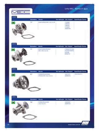 Linha MEC - Bomba D’ água



      21009
              Montadora   Veículo                         Ano Aplicação Cód. Original     Especificação Técnica
              FIAT        ELBA/FIORINO/UNO 1.0L/1.5L 8V                  7628880
                                                                         5890406
                                                                         5882691
                                                                         4336009
                                                                         BMM0749




      21010
              Montadora   Veículo                         Ano Aplicação Cód. Original     Especificação Técnica
              FIAT        ELBA/FIORINO/PREMIO/                          7784983/7671810
                          UNO 1.6R/1.5L/1.6L                            7633560/5990701
                                                                        5924366
                                                                        BMM0752




      21011
              Montadora   Veículo                         Ano Aplicação Cód. Original     Especificação Técnica
              FIAT        FIORINO/PALIO/SIENA/                           46527473          POLIA MULTI V
                          STRADA/UNO 1.0L/1.3L/1.5L                      BMM0763




      21012
              Montadora   Veículo                         Ano Aplicação Cód. Original     Especificação Técnica
              FIAT        FIORINO/PALIO/UNO                              46463043
                          1.0L/1.5L/1.6L                                 BMM0764




126                                                                           www.traex.com.br
 