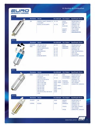 Kit Bombas de Combustível



10135
        Montadora   Veículo                          Ano Aplicação Cód. Original       Especificação Técnica
        GM          IPANEMA / KADETT /MONZA 1.8      91 > 96         DELPHI:           PRESSÃO (BAR): 3,0
                    2.0 EFI/MPFI                                     BCD00101          VAZÃO (L/H): 115
                    BLAZER / S10 (EFI),(MPFI)        95 > 96         GM:               CORRENTE: 6.0A
                                                                     06.443.402        VOLTAGEM: 12V
                                                                                       TUBO SAÍDA: LISO
                                                                     MAGNETI           TIPO: EXTERNA
                                                                     MARELLI:          COMBUSTÍVEL:
                                                                     WB101             GASOLINA/ALCOOL




10136
        Montadora   Veículo                          Ano Aplicação Cód. Original       Especificação Técnica
        MERCEDES    190 1.8E/2.0E/2.3E               82 > 93         BOSCH:            PRESSÃO (BAR): 6.0
        BENZ        CLASSE E 200/220                                 0580254950        VAZÃO (L/H): 120
                    2.0/2.2/CABRIO/COUPE             93 > 98         0580254910        CORRENTE: 10,5
                    260E /300E                       85 > 92                           VOLTAGEM: 12V
                    300SL ROADSTER                   85 > 89                           TUBO: ENTRADA/ROSCA,
                    500 SEC                          85 > 91                           SAIDA :LISA
                    500 SEL                          83 > 85                           TIPO: EXTERNA
                    E220/E300 4MATIC                 93 > 95                           COMBUSTÍVEL: GASOLINA




10137
        Montadora   Veículo                          Ano Aplicação Cód. Original       Especificação Técnica
        BMW         5 (E39) 2.0/2.2/2.5L/2.8L        95 > 03         BMW:              PRESSÃO (BAR): 4.0
                    3.0/3.5/4.4L                                     16.14-675236.8    VAZÃO (L/H): 105
                    5 TOURING (E39)                  97 > 04         16.14-6750604.1   CORRENTE: 8,0A
                    2.0/2.2/2.5/2.8/3.0/4.4L                                           VOLTAGEM: 12V
                    520I 24V (E34)                   09/89 > 12/96   PEIERBURG:        TUBO SAÍDA: LISO
                    520I 2.0 24V (E39)               09/95 > 09/00   7.22013.02.0      TIPO: INTERNA
                    520I 2.2 24V (E39)               09/00           7.2201307.0       COMBUSTÍVEL: GASOLINA
                    523I 24 V (E39)                  09/95 >09/00
                    525I 24V (E39)                   09/00
                    528I 24V (E39)                   09/95 > 09/00
                    530I 24V (E39)                   09/00
                    535I V8 32V (E39), 530I V8 32V   01/96
                    (E39)
10138
        Montadora   Veículo                          Ano Aplicação Cód. Original       Especificação Técnica
        PEUGEOT     206                              99/04           MAGNETI           PRESSÃO (BAR): 3,0
                                                                     MARELLI:          VAZÃO (L/H): 95
        CITROEN     PICASSO                          94/00           MAM00220          CORRENTE: 6,0A
                                                                                       VOLTAGEM: 12V
                                                                     TTP297X           TUBO SAÍDA: ESTRIADA
                                                                                       TIPO: INTERNA
                                                                     TP370X            COMBUSTÍVEL: GASOLINA




                                                                          www.traex.com.br                     11
 