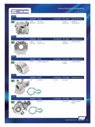 Caneca Reduzida e Transferência



001363
         Montadora   Veículo              Ano Aplicação Cód. Original   Especificação Técnica
         VOLVO       N12 / NL12                          1527363        CANECA DE
         MERCEDES    1519 ATÉ 1941                       0002670319     TRANSFERÊNCIA




002816
         Montadora   Veículo              Ano Aplicação Cód. Original   Especificação Técnica
         VOLVO       NH / FH                             1526816        CANECA REDUZIDA
         MERCEDES    1932 ATÉ 1941                       0002670519




001420
         Montadora   Veículo              Ano Aplicação Cód. Original   Especificação Técnica
         SCANIA      CÂMBIO 6/8 MARCHAS                  1321420        CANECA REDUZIDA
                                                         1484808




21035
         Montadora   Veículo              Ano Aplicação Cód. Original   Especificação Técnica
         VW          MOTOR AP             TODOS          026121035




21036
         Montadora   Veículo              Ano Aplicação Cód. Original   Especificação Técnica
                     MOTOR CHT                           029121013.1    CORPO DA BOMBA
                                                                        D’ÁGUA




                                                             www.traex.com.br                   129
 